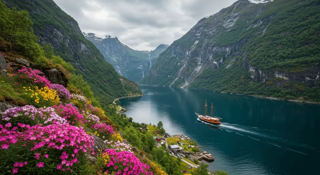 Best time to visit Norway during summer, featuring wildflowers, a tranquil fjord, a sailboat, and lush green mountains.