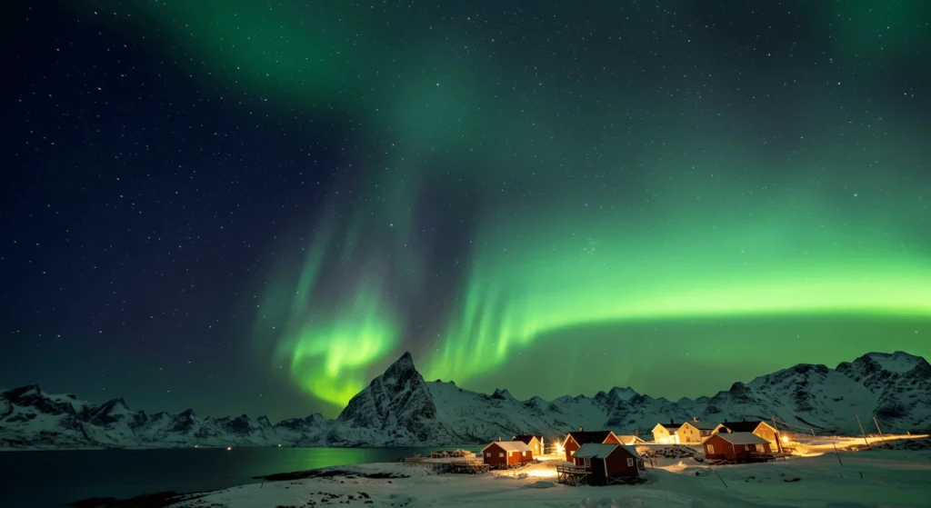 Best time to visit Norway for Northern Lights, showcasing green auroras over snowy mountains and red cabins under a starry sky.