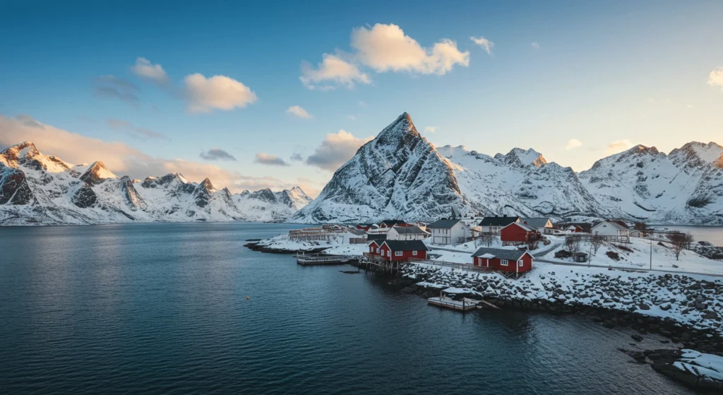 Snow-covered mountains, red cabins, and calm blue water in a picturesque Norwegian village during winter.