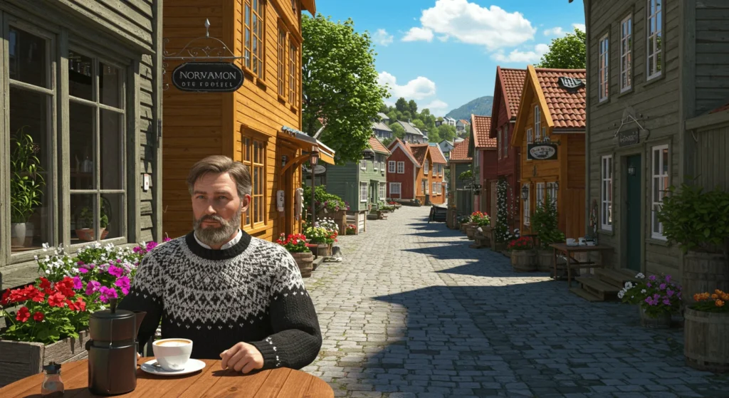 Man sitting at an outdoor cafe table on a cobblestone street lined with colorful wooden houses and flowers.
