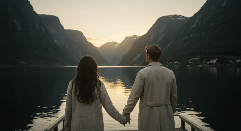 Couple holding hands at sunset by a tranquil fjord, surrounded by mountains and reflecting calm waters.